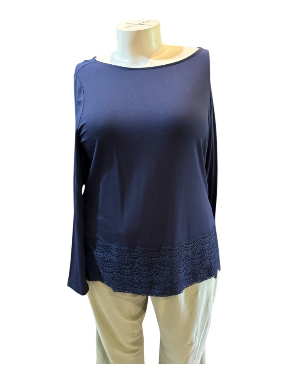 Talbots Sz 2X Navy Blue Lace Trimmed Long Sleeve Round Stretchy Neck Tunic NWT